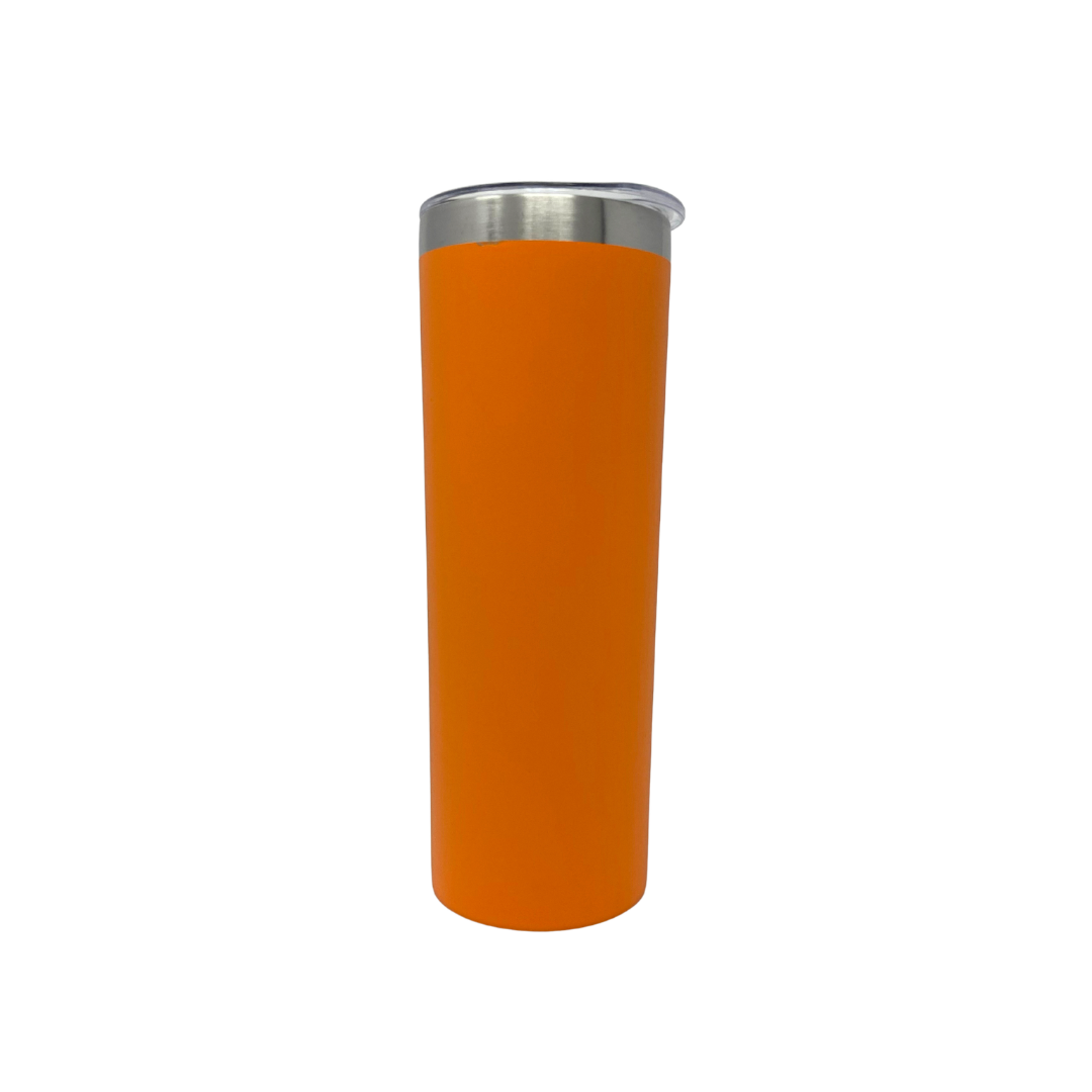 Orange tumbler with a silver lid on a white background