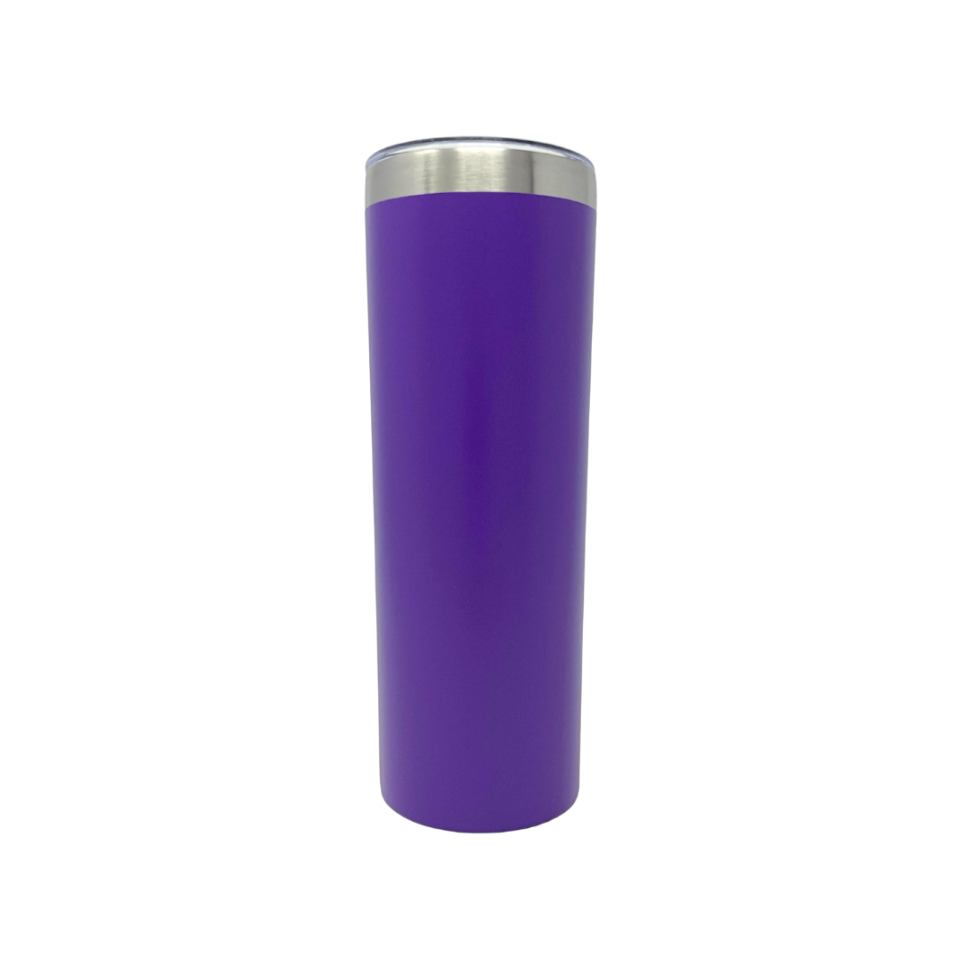 Purple tumbler with a silver lid on a white background