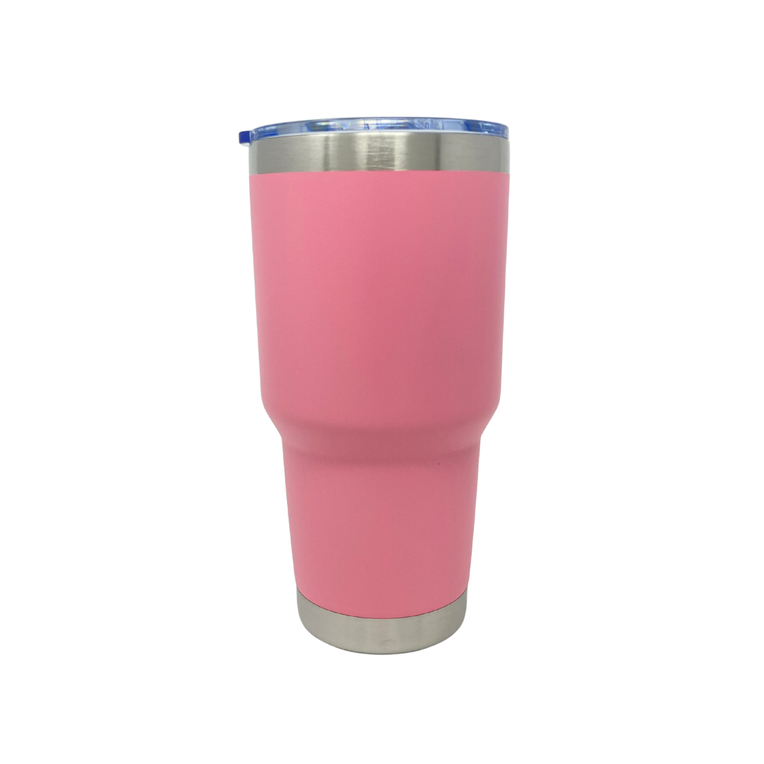 Pink 30oz curved tumbler with a silver rim on a white background