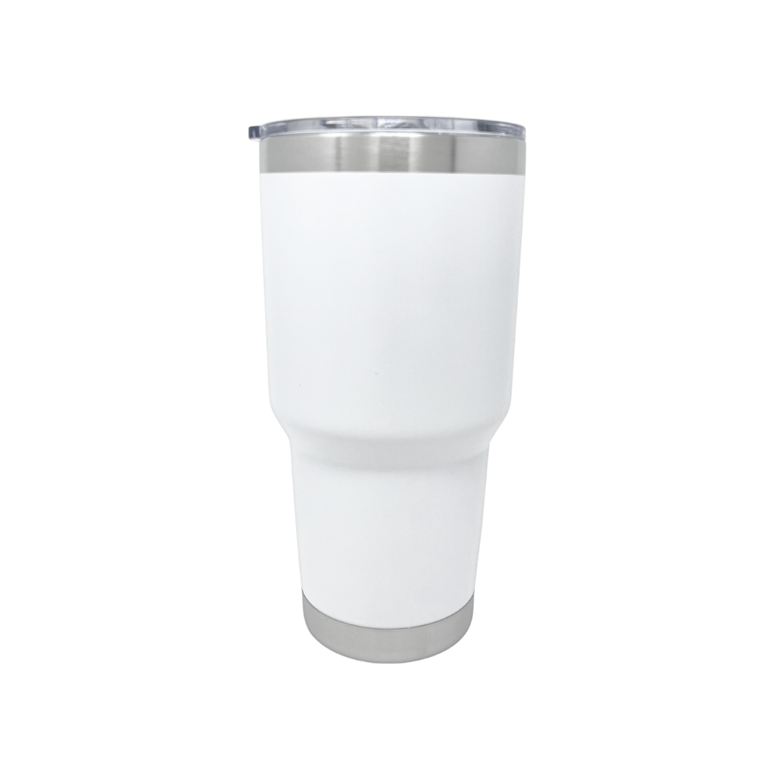 White 30oz curved tumbler with a silver rim on a white background