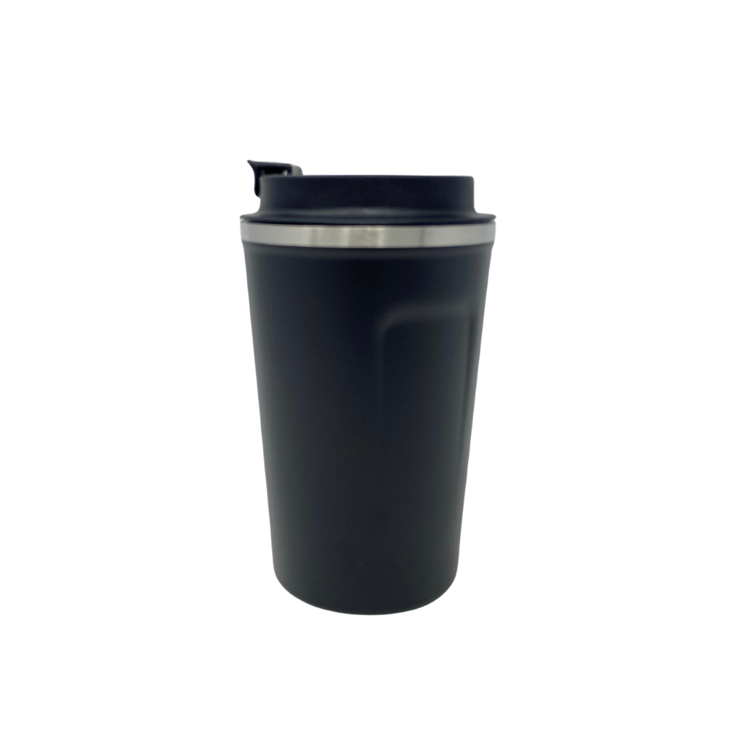 Black insulated tumbler with a silver rim on a white background