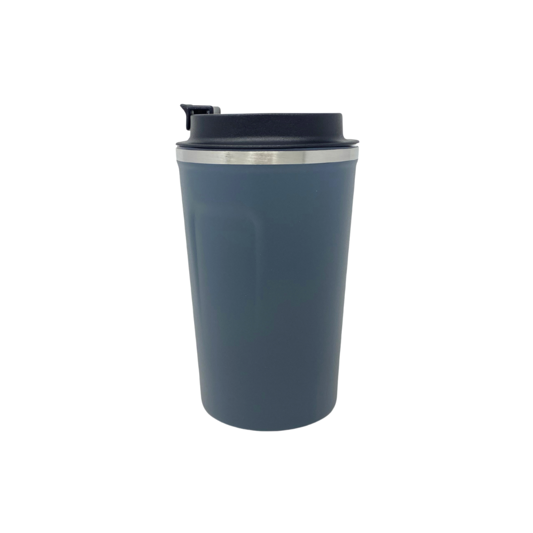 Blue travel mug with a black lid on a white background