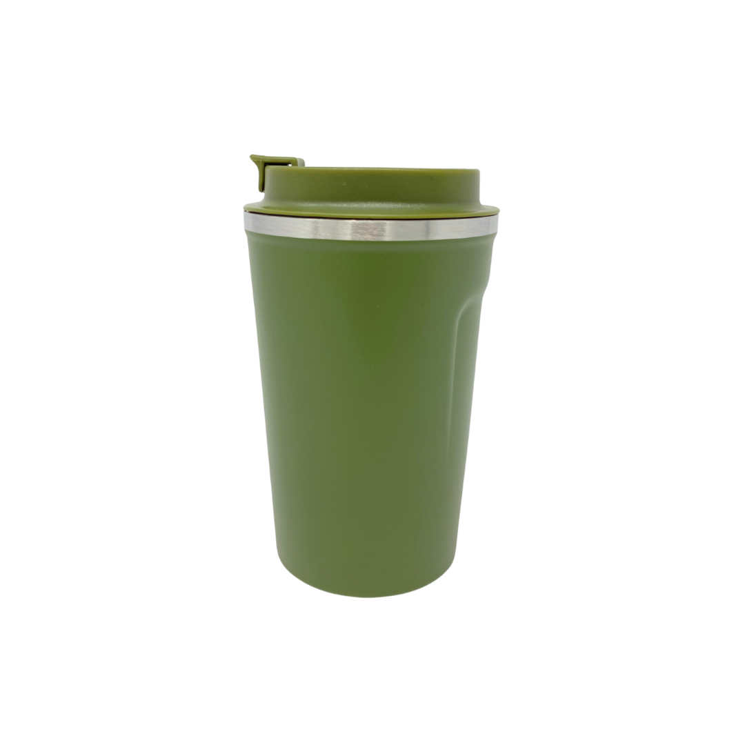 Olive green tumbler with a silver rim on a white background