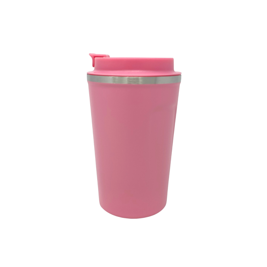 Pink coffee tumbler with a silver rim on a white background