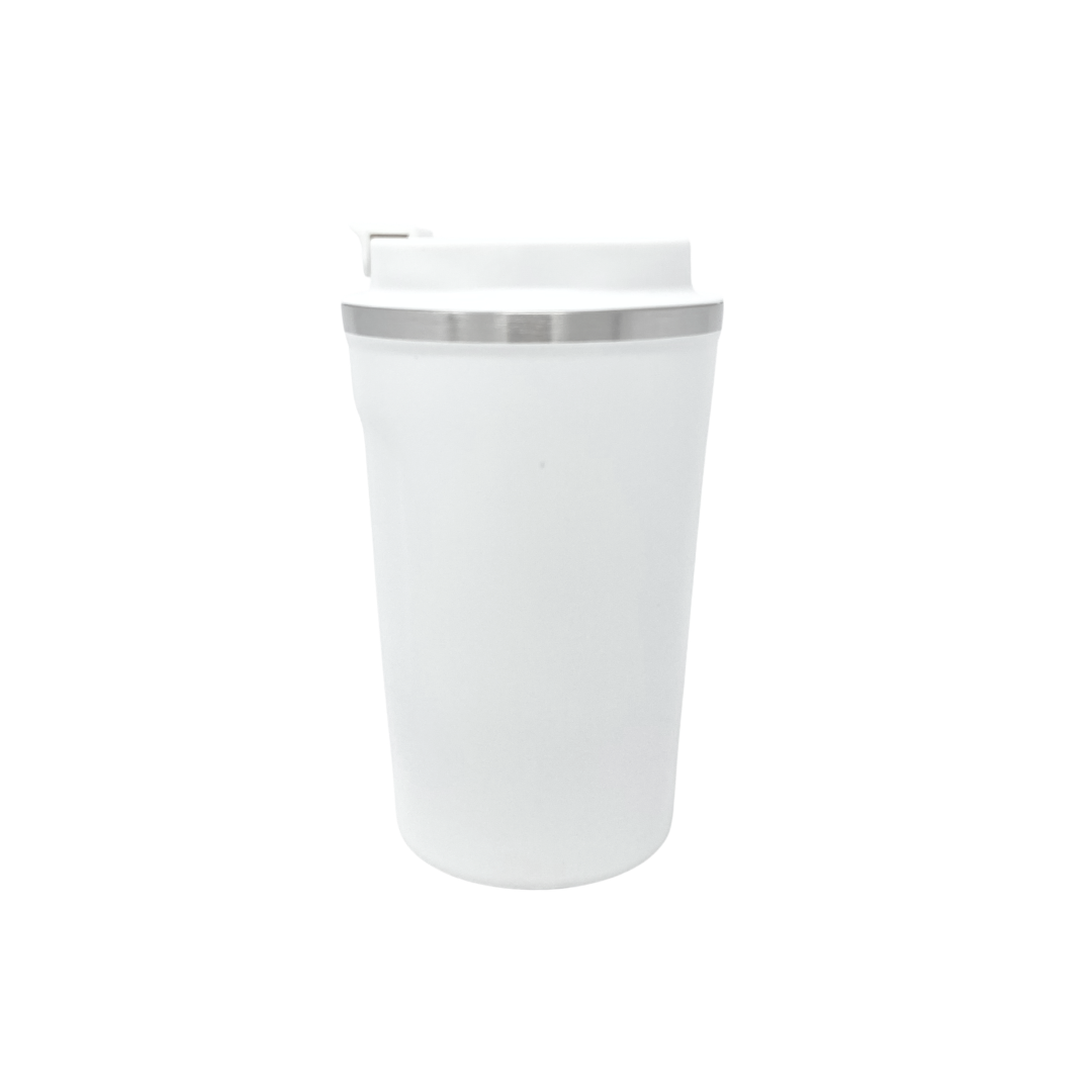 White coffee tumbler with a silver lid on a white background