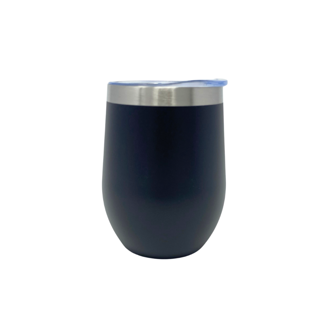 Black wine tumbler with silver lid on a white background