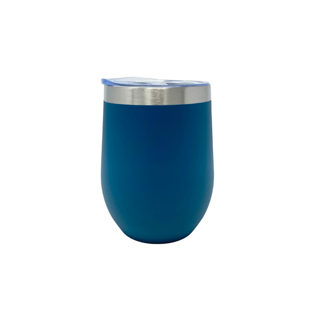 Blue wine tumbler with a silver lid on a white background