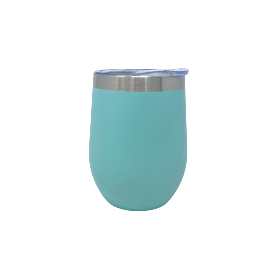 Sea foam wine tumbler with a silver lid on a white background