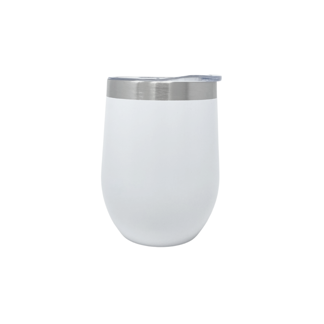 White tumbler with a silver rim on a white background
